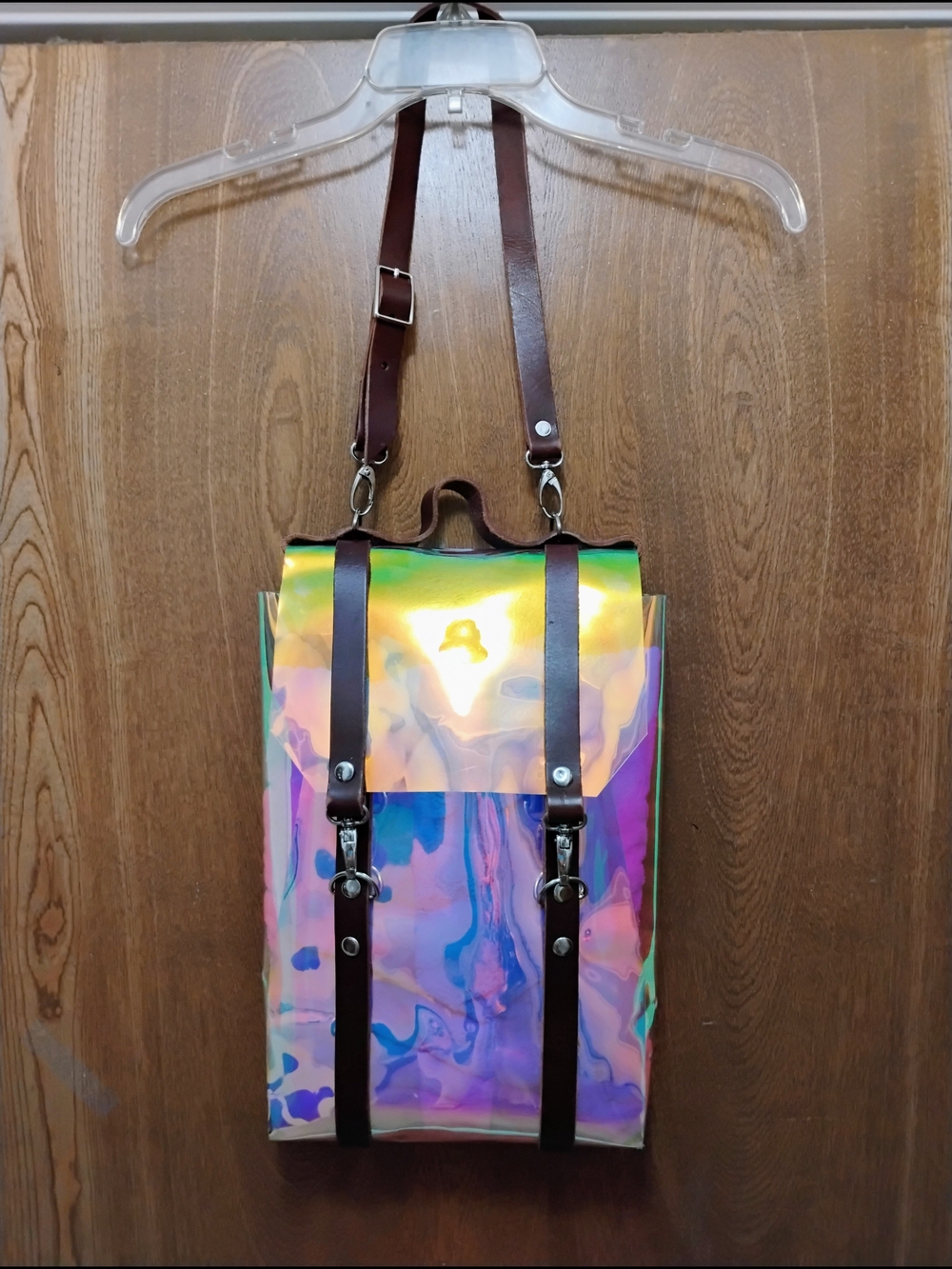Iridescent Holographic Shoulder Bag with Brown Straps